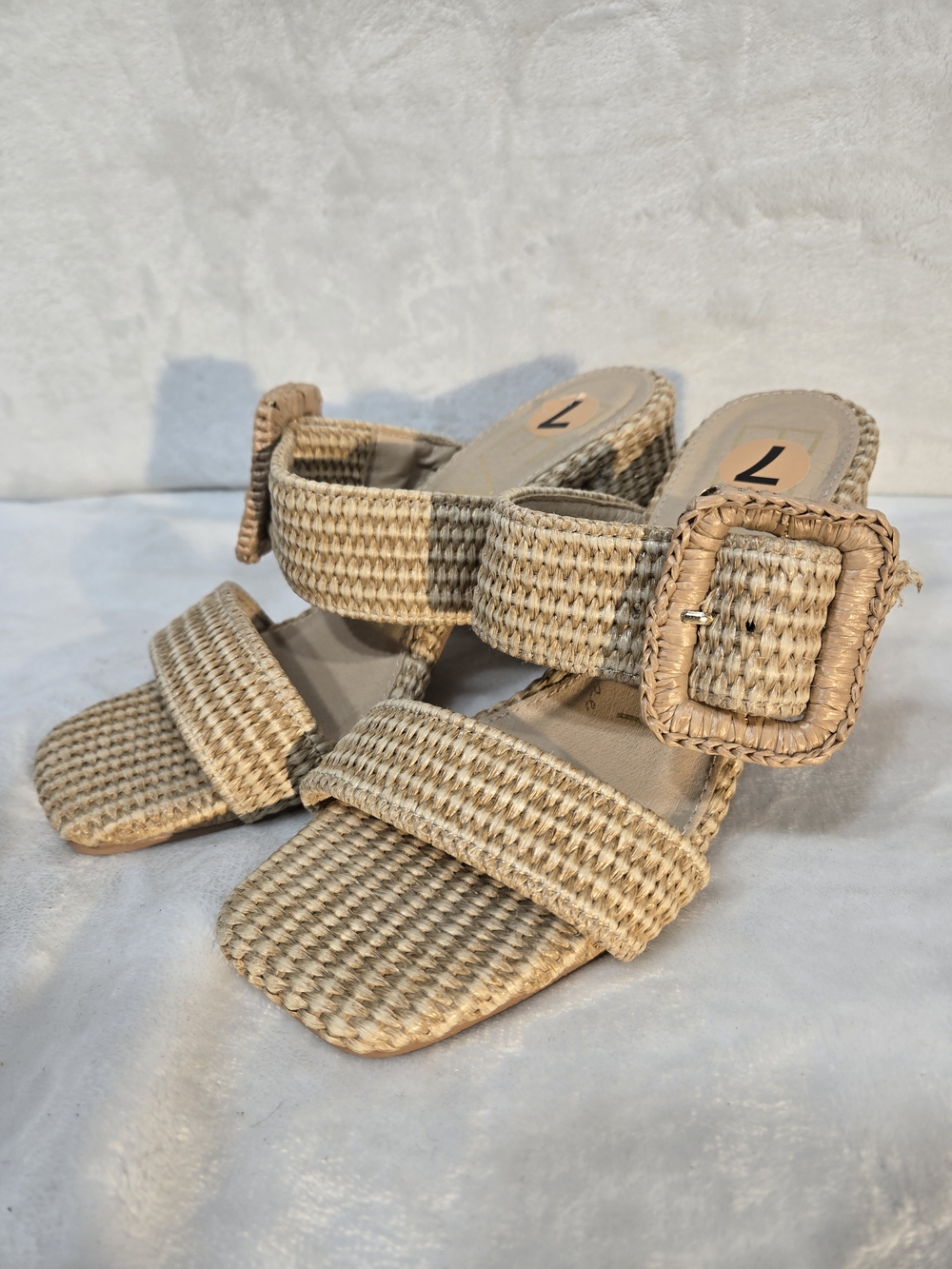 Neutral Raffia Woven Slide Sandals with Buckle Strap - Beige